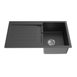 Poseidon Quartz Kitchen Sink Single Bowl With Drainer - Matte Black